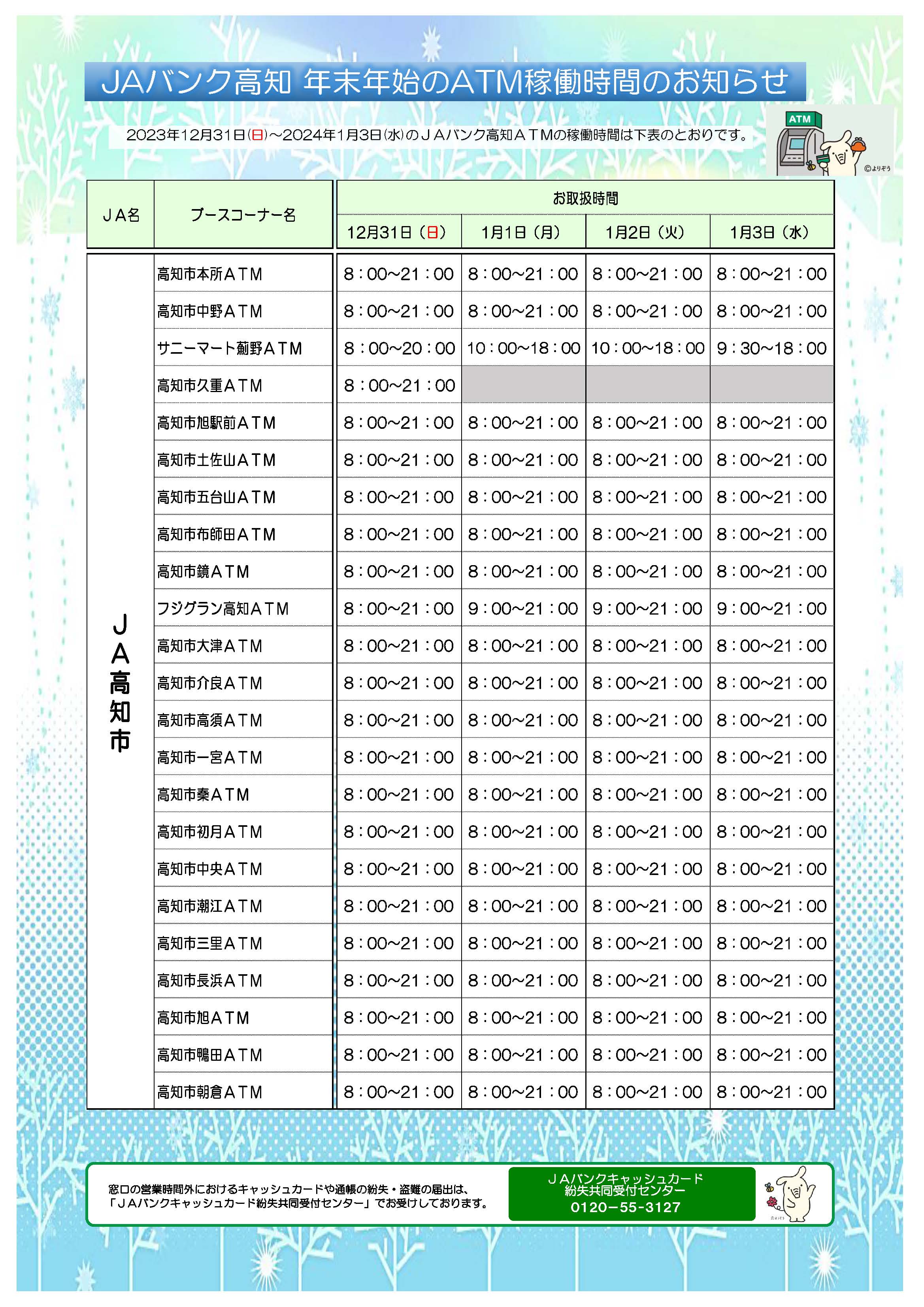 お知らせ（ATM稼働時間）：JA高知市[高知市農業協同組合]