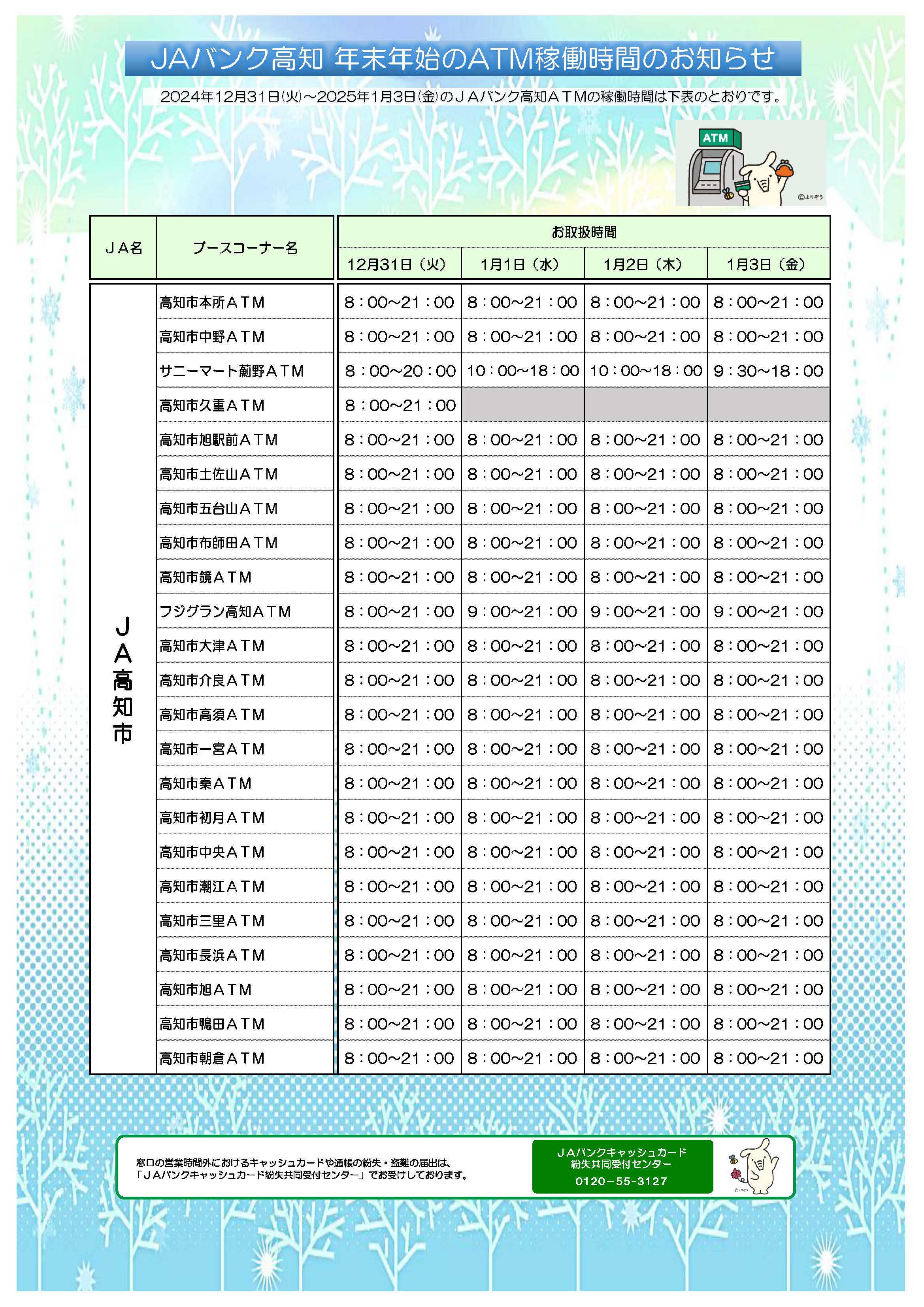 お知らせ(年末年始ATM稼働)：JA高知市[高知市農業協同組合]